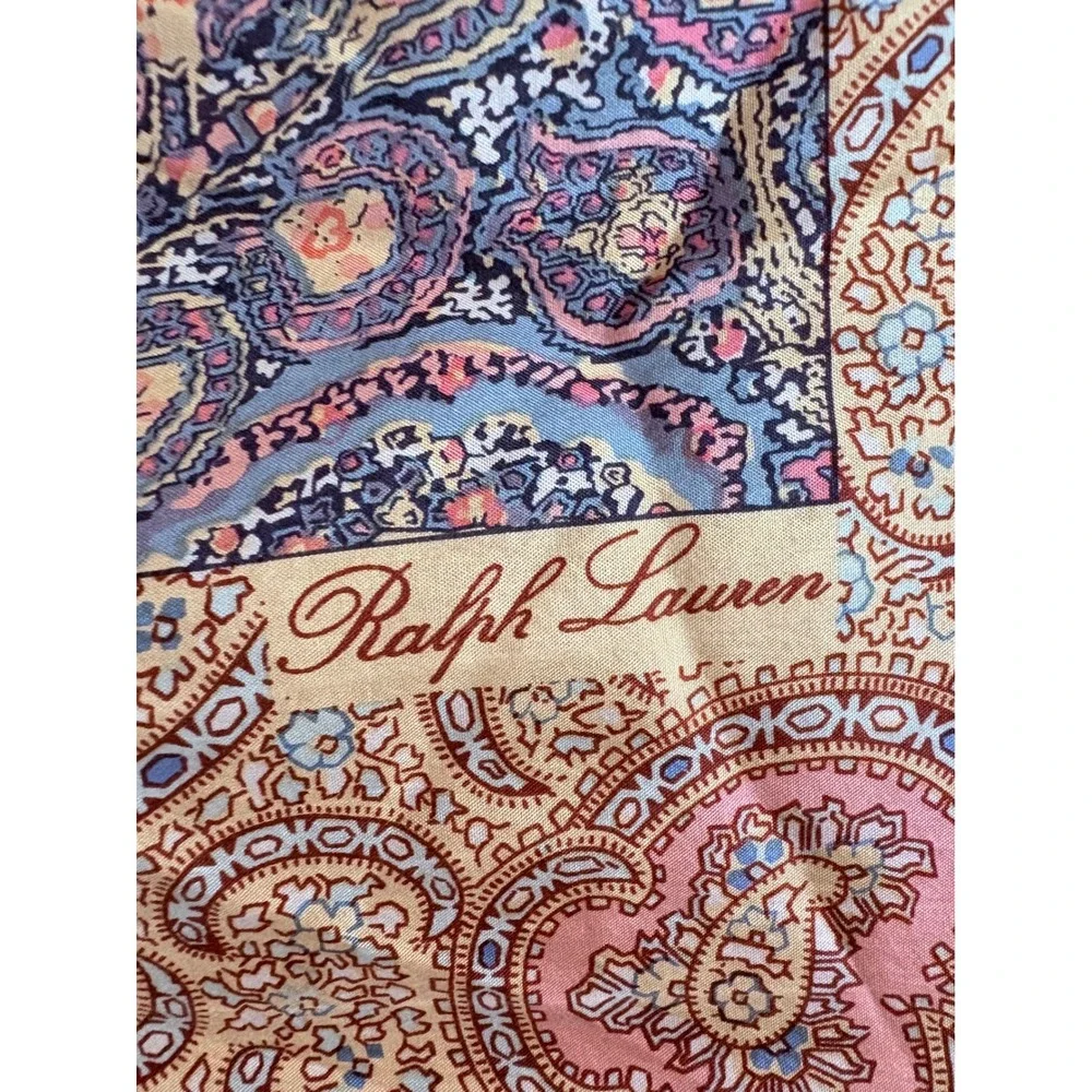 Vintage Ralph Lauren 100% Silk Paisley Square Scarf 34x34 Blue Pink Gold Italy